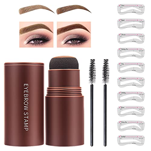 Eyebrow Stamp Stencil Kit, Eyebrow Stamp, Brow Stamp Shaping Kit for Perfect Eyebrow Makeup, with 10 Reusable Eyebrow Stencils, 2 Eyebrow Brushes, Long-Lasting, Waterproof - Light Brown