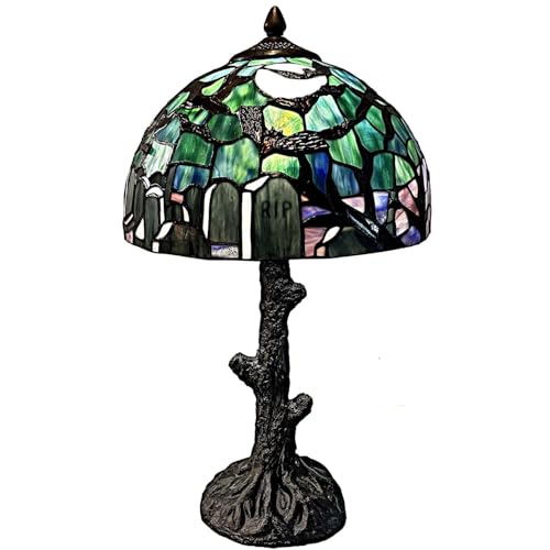 Bieye L30971 Lámpara de mesa de vitral estilo Tiffany - Escena gótica de cementerio con murciélagos, luna llena y diseño de lápida (azul oscuro, 30,5 cm de ancho x 53,3 cm de alto)