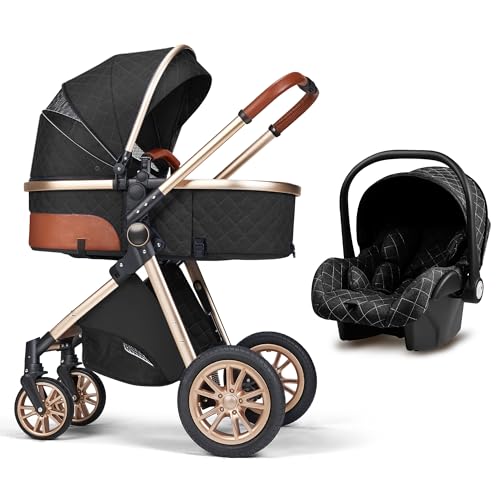 3 in 1 Baby Travel System Infant Baby Stroller Pushchair High Landscape Reversible Foldable Portable Stroller Newborn Pram Reclining Baby Carriage (Black)