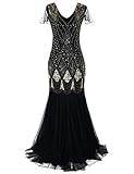 M Mayever Women 1920s Long Prom Gown Beaded Sequin Mermaid Hem Ball Evening Dress with Sleeve (XL, Black Gold)