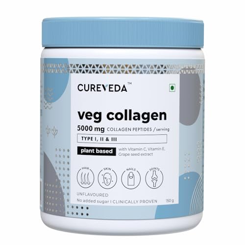 Image of Cureveda Veg Collagen 5000mg Collagen Peptide with added Vitamin C & E, Grapeseed Extract For Healthy Skin, Hair & Nails | Men & Women - 150 gm Powder Unflavoured