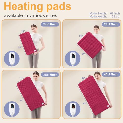 Image of Heating Pad,Electric Heating Pads,Heating Pad for Back,Burgundy,24x12 Inch | Heating Pads for Shoulder,Neck,Abdomen,Knee,Arms,Legs,Heat Pad for Birthday Father Mother Gift Women Men,6 Heat Settings