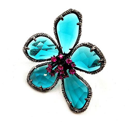 Image of Designer Antique Silver Framed Hot Pink Pistil Turquoise Blue Rhinestone Flower Brooch Pin for Women Fashion