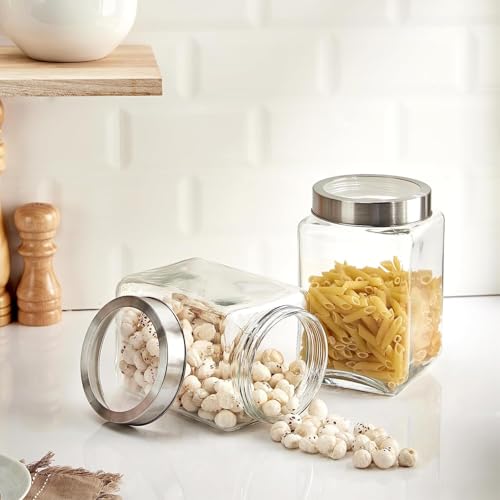 Image of CROCO JAR Square Glass Storage Containers 1750ml | Transparent Airtight Kitchen Jars with Steel Lid | Cubical Glass Jars for Pantry, Snacks, Dry Fruits, Masala, Pickle & Coffee Beans | Pack of 2