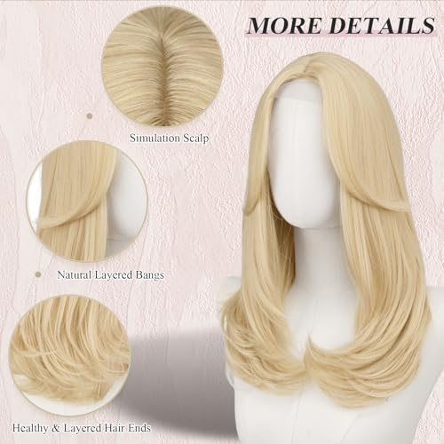 Image of FESHFEN Lace Front Hairline Wigs with Bangs, Synthetic Natural Looking Long Layered Straight Hair Wig for Women Daily Party Costume, 18 inch Brown