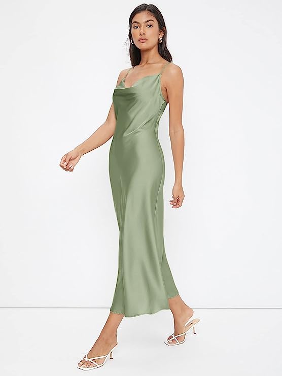 Image of Floerns Women's Spaghetti Strap Cowl Neck Long Slip Satin Silk Midi Dress
