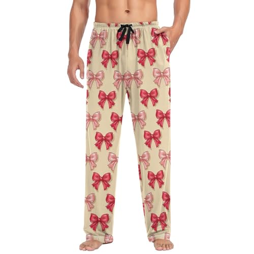 Men's Red Pink Bow Pajama Pants with Elastic Waistband | Soft Lounge Sleepwear | Breathable Sleep Pants for Home（502）3