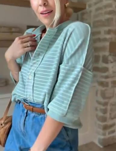 Women’s Y2K Striped Cardigan Sweatshirt 3/4 Sleeve Button Down Cardigans Lightweight Summer Tops Trendy(LightGreen-L)3