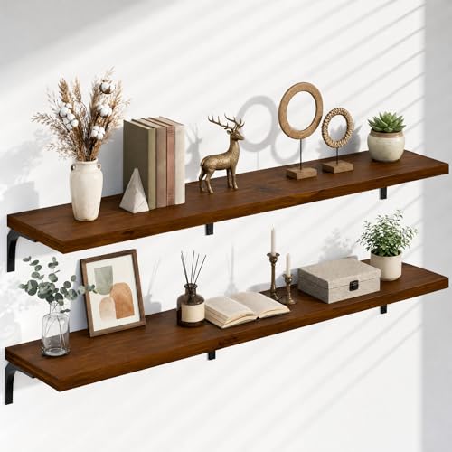 Image of 12 Inch Deep Floating Shelves Set of 2, 72 Inch Extra Wide Vintage Walnut Solid Wood Wall Shelves, 6ft Heavy Duty Farmhouse Wall Mounted Shelving for Kitchen, Living Room & Bedroom
