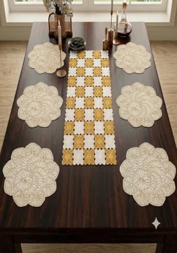Image of Dakshya Industries PVC Waterproof Round Table Placemat & Table Runner Combo Set | 6 Round Table Mats (38 x 38 cm) + 1 Table Runner | Heat Resistant, Washable, Non Slip Dining Table Decor (Opalyn)