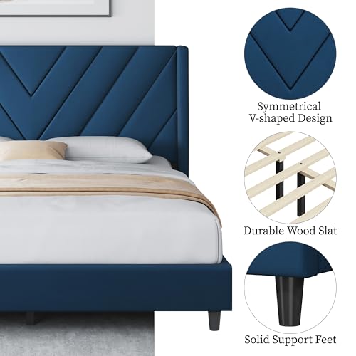 Yaheetech Queen Bed Frame Upholstered Platform Bed with Wing Side/Wooden Slat Support/Tufted Headboard with Wing Side/Mattress Foundation/No Box Spring Needed,Blue Queen Bed