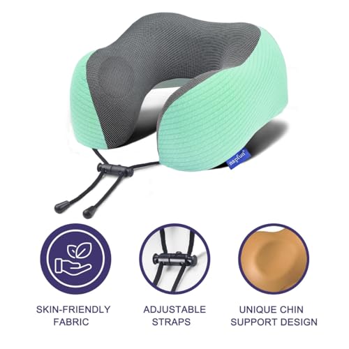 napfun Neck Pillow for Traveling, Upgraded Travel Neck Pillow for Airplane 100% Pure Memory Foam Travel Pillow for Flight Headrest Sleep, Portable Plane Accessories, Striped Turquoise Set