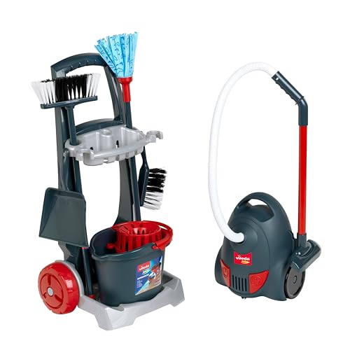 Theo Klein 6847 Vileda Aspirateur avec Chariot de ménage, Set de Nettoyage de 7 pièces avec Effet sonore réaliste, Jouet pour Enfants à partir de 2 Ans