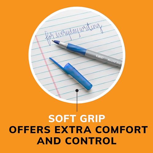 Image of BIC Round Stic Grip Xtra Comfort Blue Ballpoint Pens, Medium Point (1.2mm), Excellent Writing Pens With Soft Grip for Superb Comfort and Control, 12 Count (Pack of 2)