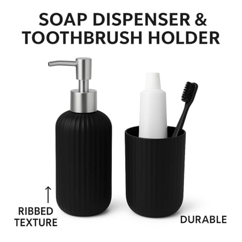 Image of LAGET Bathroom Accessories Set for Utility and Toothbrush Holder Bathroom Decor | Handwash Liquid Soap Dispenser Pump for Bathroom, Kitchen, Wash Basin, Sink Ribbed Design (Black)