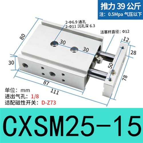 Cylindre double tige CXSM25-15 anti-rotation pour automatisme