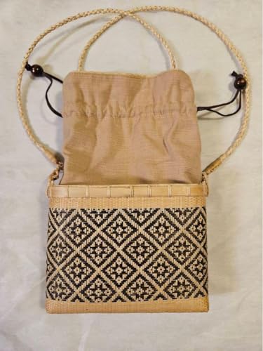 タイ王室御用達　プラニー工房　伝統工芸　竹細工バッグ・ポシェット型(黒茶柄) タイ王室御用達 プラニー工房 伝統工芸 竹細工バッグ ポシェット