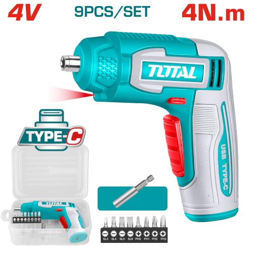 Image of TOTAL 4V Cordless Screwdriver, 4Nm Torque, 240RPM, 8 Cr-V Bits | Integrated LED Work Light, 1 /4 Inch Hex Shank, Type-C Charging, Bit Holder, Connector and Carrying Case
