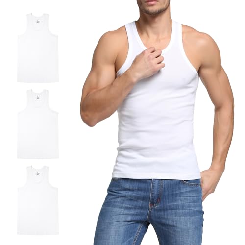 HomyComy Men's 100% Cotton Tank Top Sleeveless Crewneck A-Shirts Basic Solid Undershirts Vest 3 Pack White