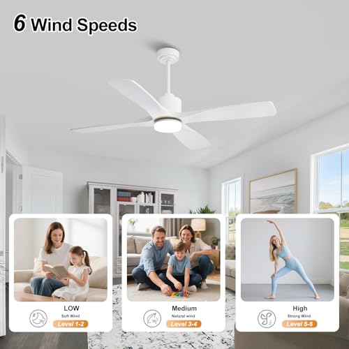Image of LEDLUX 48 inch Ceiling Fans with Lights -Modern Ceiling Fan with Light, 6-Speed Remote, 4 Solid Wood Blades, Quiet DC Motor, for Bedroom, Living Room, Outdoor, White