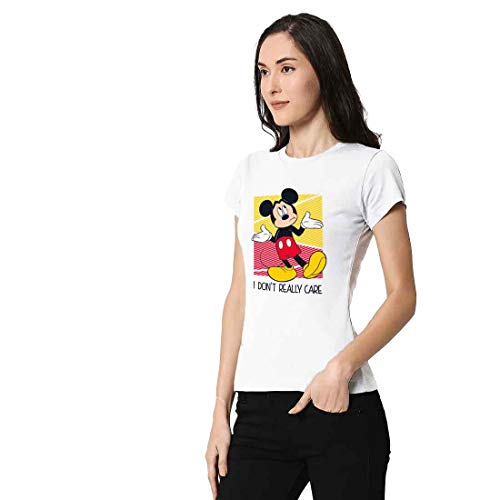 Image of Bewakoof Women's Cotton Printed Mickey Don't Care (Dl) Disney Half Sleeves | Round Neck | Regular Fit T-Shirt /Tee