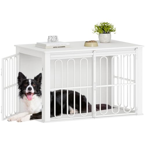 HEXCELEN Hundekäfig-Möbel aus Holz, 100 cm Hundebox für Zuhause, Hundekäfig mit 2 Türen, Schiebetüren, für Kleine, Mittlere Hunde, Robuster, Beistelltisch, 100 x 60 x 62,4 cm, Weiß