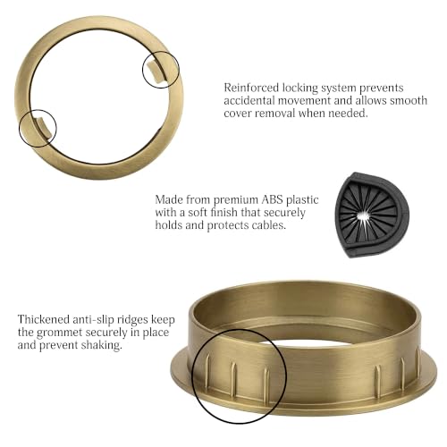 Image of Aluminum Alloy Desk Grommet - Round Metal Cable Wire Hole Cover with Flip Dust-Proof Lid for Office Desk, Computer Table, TV Cabinet & Furniture - Cord Organizer (60mm Round, Gold)