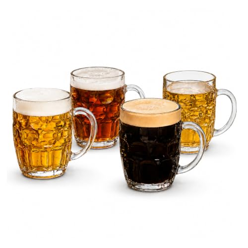 bar@drinkstuff The Great British Pint Dimple Mug - Set of 4 - Gift Boxed Glass Tankards, Great as a Beer Gift, 568 Millilitres
