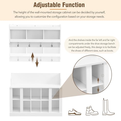 Image of Shoe Storage Bench with Shelves and 4 Hooks, Entryway Hall Tree with Shoe Cabinet with Coat Rack