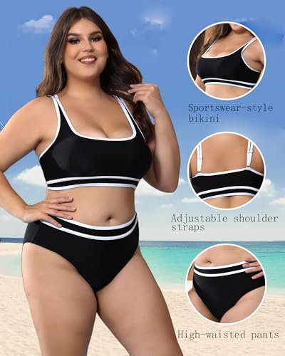 Plus Size Women's High Waist Bikini - Tummy Control Two Piece Bathing for Curvy Busty Black Sexy Swimsuits2