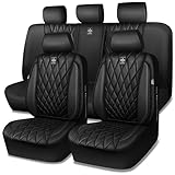 CAR PASS 5 Seats Piping Luxury Faux Leather Seat Covers Full Set, Anti-Slip Waterproof Seat Covers Compatible with Front Armrests, Universal Fit for Suvs,Vans,Trucks,Airbag Compatible, Pure Black