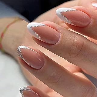 24pcs French Tip False Nails Short Press on Nails White & Glitter Silver Edge Stick on nails Removable Glue-on Nails Fake Nails Acrylic Full Cover Nails Women Girls Nail Art Accessories