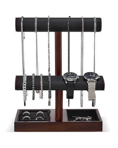 ProCase Watch Holder Stand for Men Fathers Day Gift for Dad Father Husband Boyfriend Wood Jewelry Display Rack Necklace Hanger Organizer for Chains Bracelets Rings -Brown