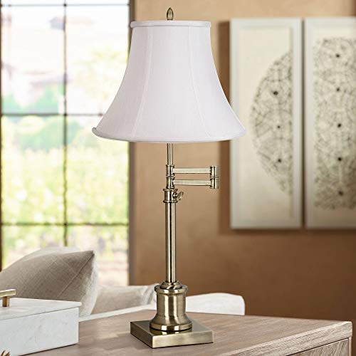 360 Lighting Westbury Traditional Swing Arm Desk Table Lamp Adjustable Height 36" Tall Antique Brass Imperial White Fabric Bell Shade For Living Room Bedroom House Bedside Nightstand Home #TOP29