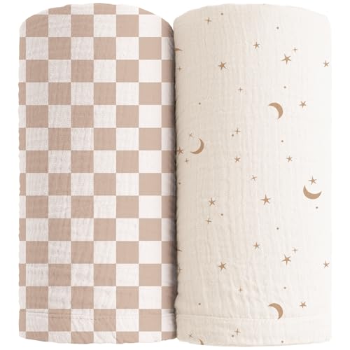 Konssy Muslin Swaddle Blankets for Girls Boys, 2 Pack Receiving Baby Blanket Large 47 x 47 inches, Soft Breathable Swaddling Wrap for Unisex Newborn (Coffee Check,Moon)