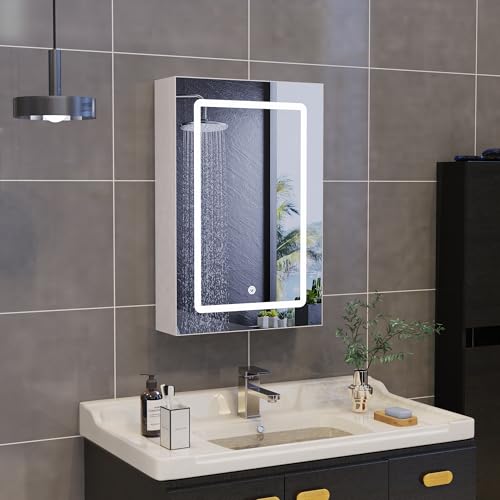 Beleuchteter LED-Badezimmer-Spiegelschrank, 50 x 70 cm, Touch-Schalter, Waschtisch mit 3 Beleuchtungsmodi & 3 Ablagen, schlankes weißes Finish, perfekt für Make-up und Pflege (Einzelspiegel)