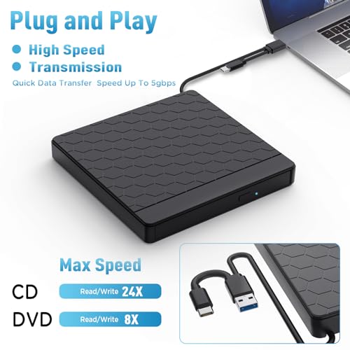 Image of External CD /DVD Drive for Laptop, CD Burner with 2 USB Ports &TF /SD Card Slots, DVD Player for Laptop, USB 3.0 DVD Drive External CD Reader Compatible with Laptop Desktop PC Windows 11 /10 /8.1 /7 Mac