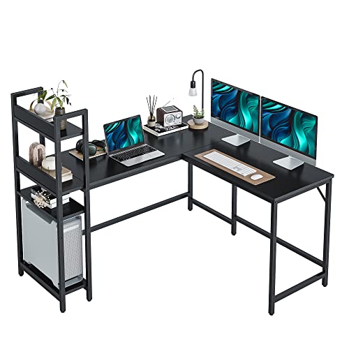 CubiCubi L Shaped Desk with Storage Shelves, 130x120x120 cm Computer Corner Desk for Home Office, Writing Gaming Study Desk Table with Bookshelf, Space Saving, Black
