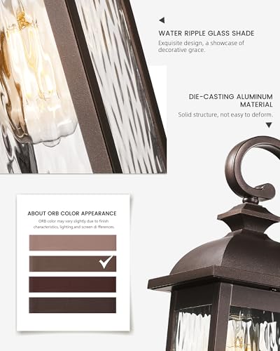 Image of FEMILA Dusk to Dawn Outdoor Wall Sconces, 15 inch ORB Front Porch Light Fixtures Wall Mount, Exterior Light for Patio, Entryway, Garden, Water Ripple Glass, UL Listed, 4FD54B-PC ORB-WP