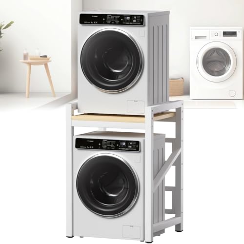 Dkjdssek Washer Dryer Stacking Rack Kit 29.5in, Over the Washer and Dryer Storage Shelf for Laundry Room, Bathroom, Heavy Duty, Height Adjustable, 1.2mm Wall Thickness 660lbs Capacity (White, 29.5in)