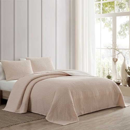 1 Piece Lightweight 100% Cotton Tufted Chenille Bedspread King Size Textured Channel Stripe Design | All Seasons Blush Pink Color Shabby Chic Bedding Western Aesthetic Look Soft Plush Cozy