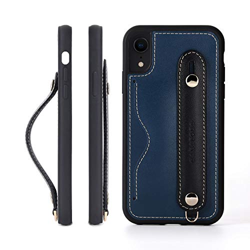 iPhone XR グリップケース レザー 本革 ストラップ付属 イタリア製牛革 ヌメ革 片手操作 カード収納 スタンド機能 メンズ レディース ブルー/ブラック
