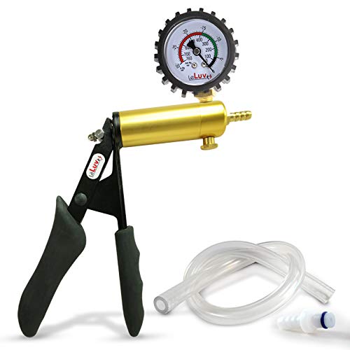 LeLuv Ultima Black Vacuum Pump - Aluminum Alloy &amp; Brass Handle Manual Hand Vacuum (0-30 Hg, 0-760 mmHg), Gauge Installed with Protective Rubber Cover, Silicone Padded Grips with Clear Hose &amp; Fitting