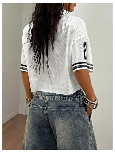 SOLY HUX Women's Y2k Jersey Shirt Lace Mesh Number Graphic Tees V Neck Half Sleeve Summer Crop Tops Streetwear2