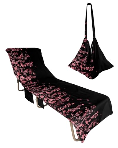 Red Floral Beach Lounge Chair Towel Cover, Soft Chaise Lounge Towel with Side Pockets Patio Pool Chairs Cover for Beach/Pool Sunbathing 29x85 Pastoral Spring Botanical Summer Flower Dragonfly Black