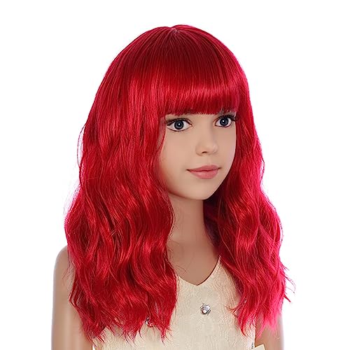 Image of PATTNIUM Kids Red Wig Short Wavy Red Wig with Bangs Red Wigs for Girls Heat Resistant Synthetic Hair Children Wigs (Red)
