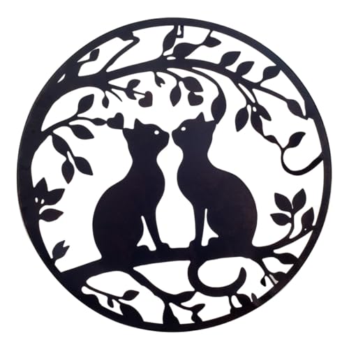 Générique Décoration Murale Ronde en Métal, Couple de Chat sur une Branche, couleur Brun Noir, 50 cm Style Ajouré