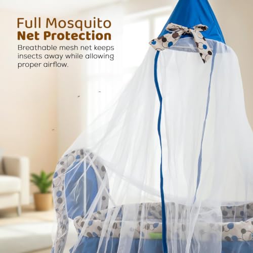 Image of BAYBEE Cradle for New Born Baby with Mosquito Net, Portable Baby Jhula Palna, Foldable Baby Crib, Infant Uyyala with Storage Basket, 360 Locking Wheels (Blue)
