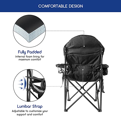 Coastrail Outdoor Camping Chair Oversized Padded Folding Quad Arm Chairs With Lumbar Back Support, Cooler Bag, Cup Holder & Side Pocket, Extra Head Pocket, Supports 400 Lbs,Black #TOP2