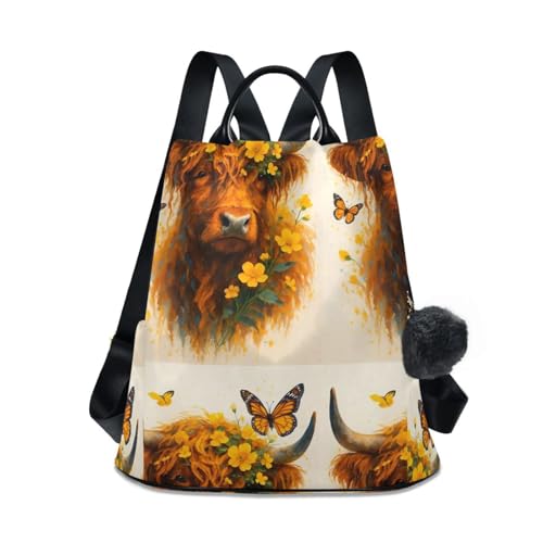 Sac à dos à plusieurs poches imprimé fleurs jaunes et vache